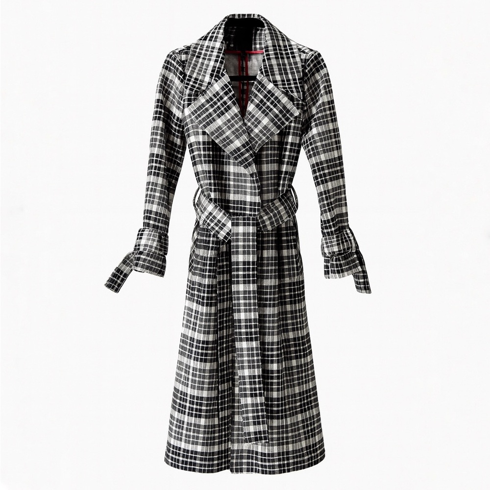 MAISON CINQCENT 500 Checks Plaid Black White Tie Trench Coat at Revolve …